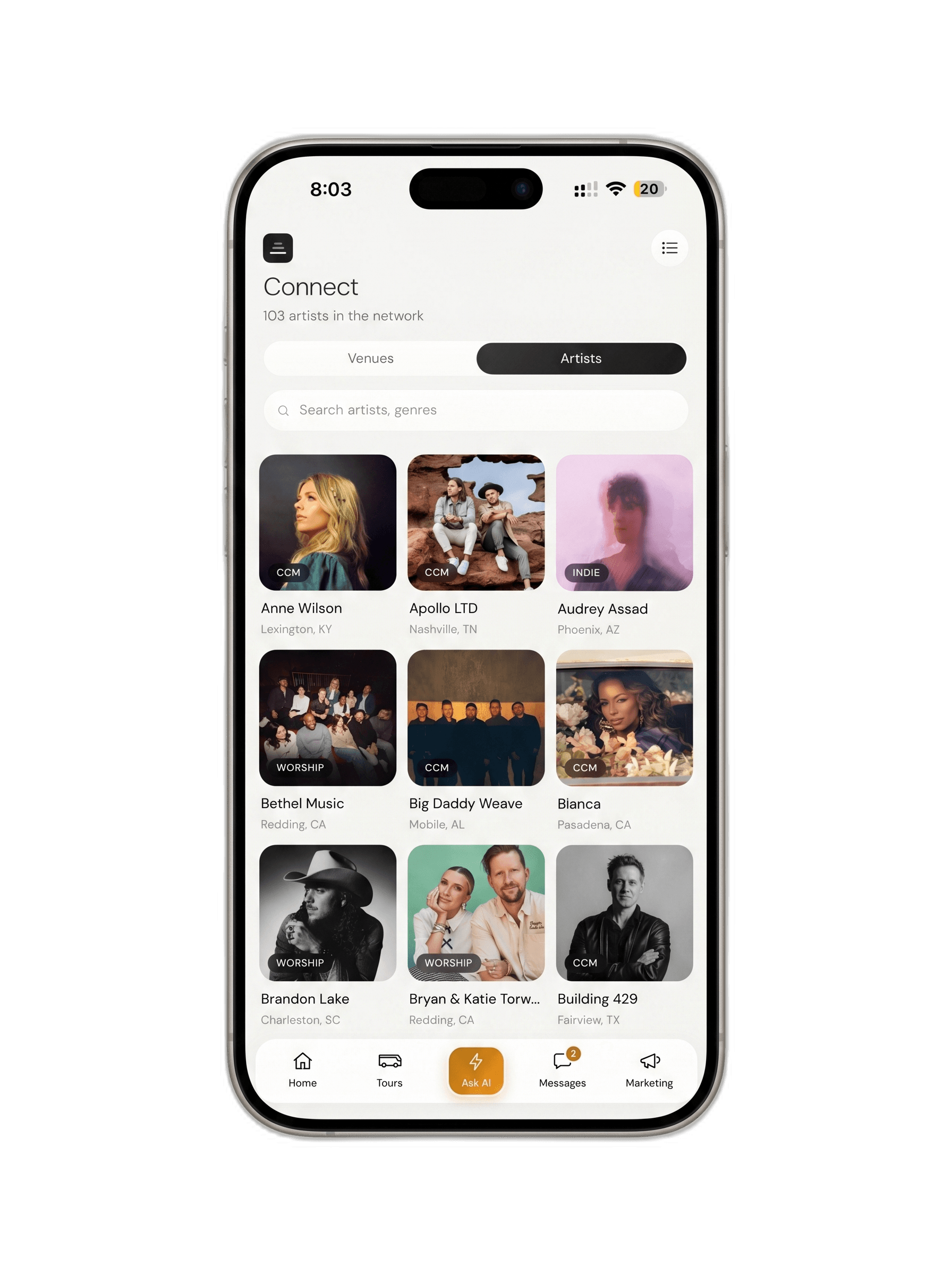 Connect Live AI artist directory grid with photos and home cities