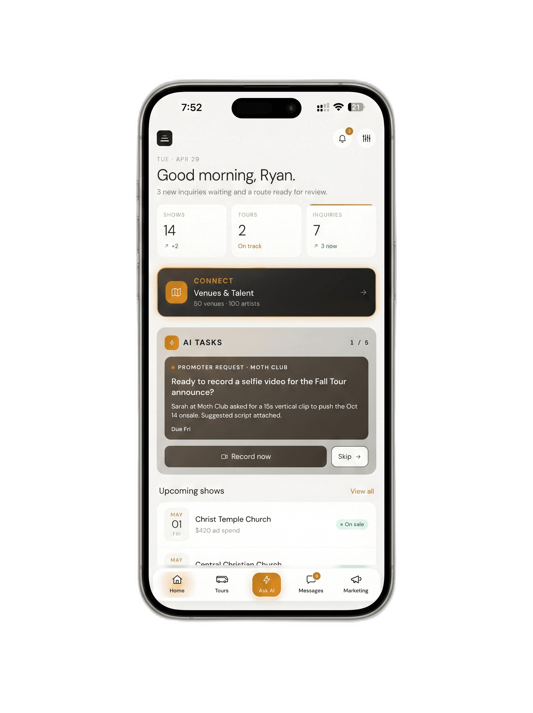 Connect Live AI home dashboard on iPhone