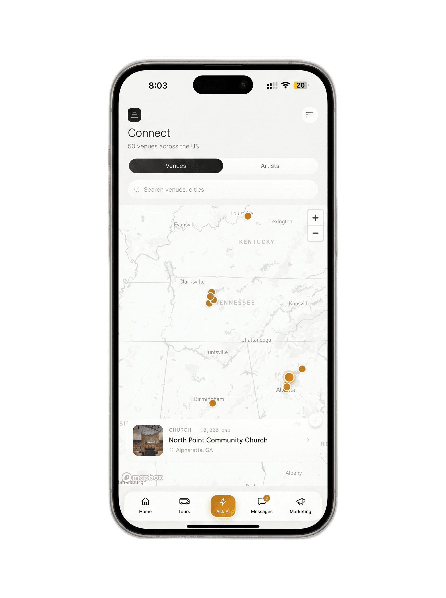 Connect Live AI Connect directory venues map across the southern US